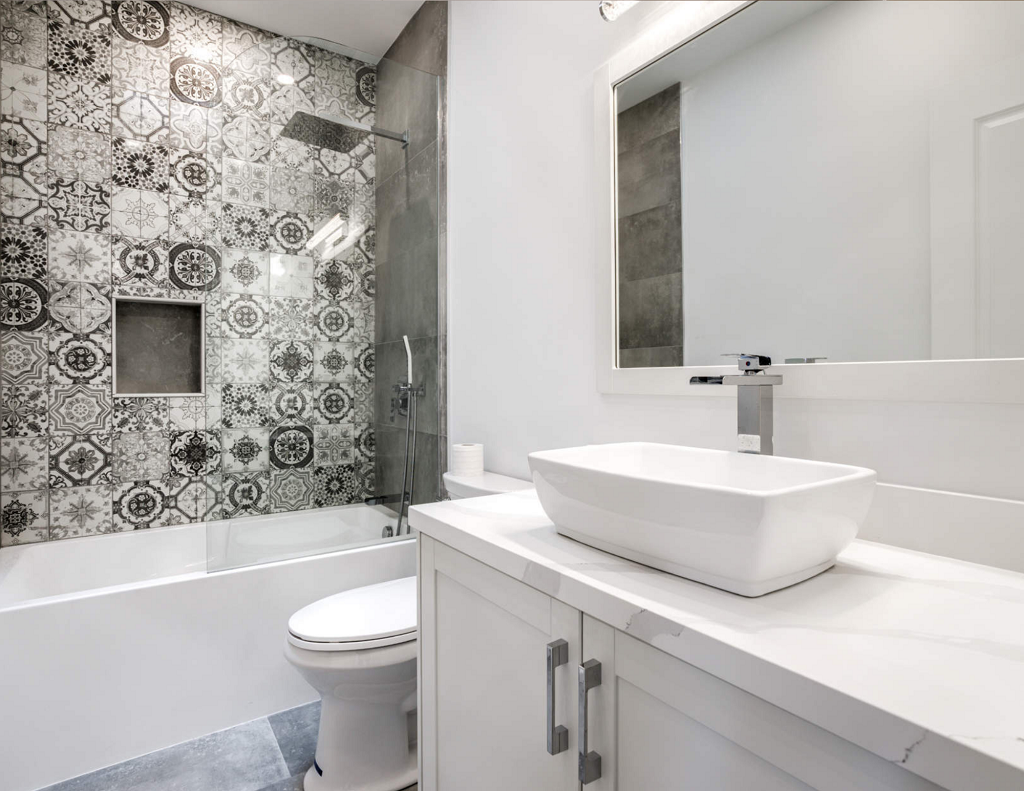 mosaic tile vessel sink bathroom